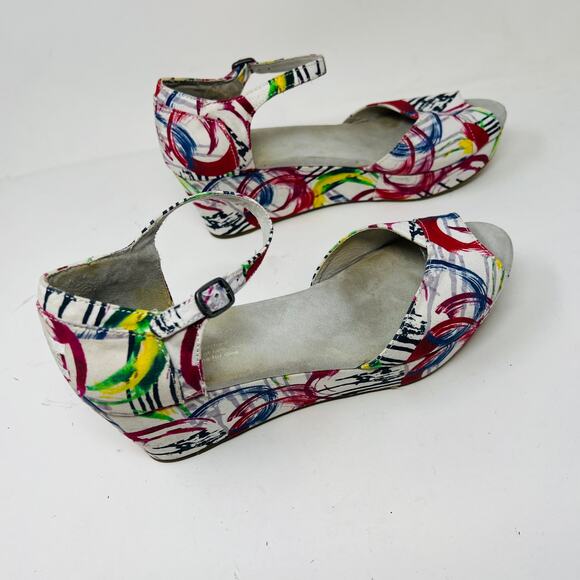 Toms Wedge Heel Peep Toe Pumps Abstract Fabric Print - 9 - Picture 6 of 7